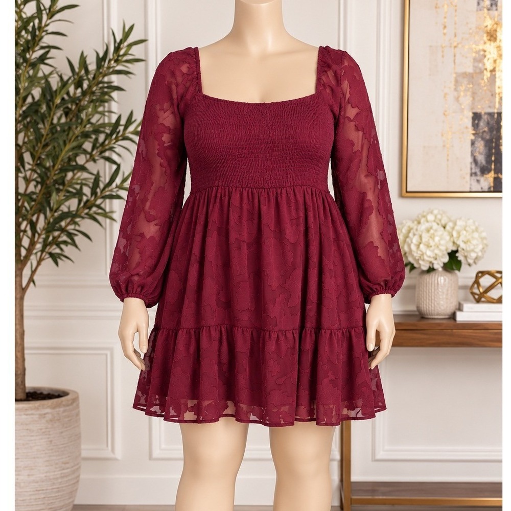 rue+ Womens Mini Dress Burgundy Floral Burnout Smocked Tiered Size 3X